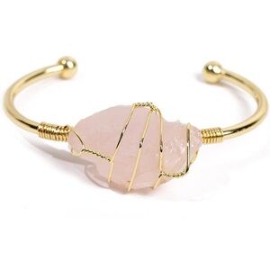 New Rose Quartzpink Crysyal Wire-Wrapped Cuff Bracelet